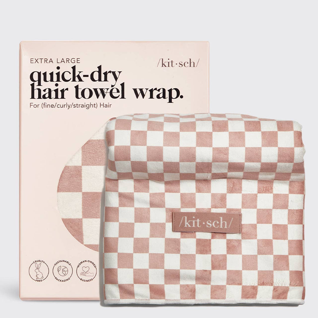 KITSCH - Extra grote sneldrogende haarhanddoekverpakking - Terracotta Checker