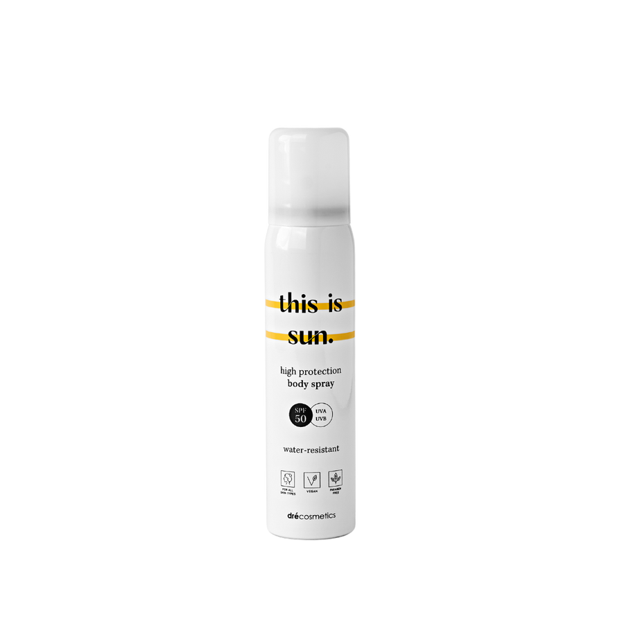 Zonnespray SPF50 met hoge bescherming en waterbestendige formule voor optimale huidverzorging.