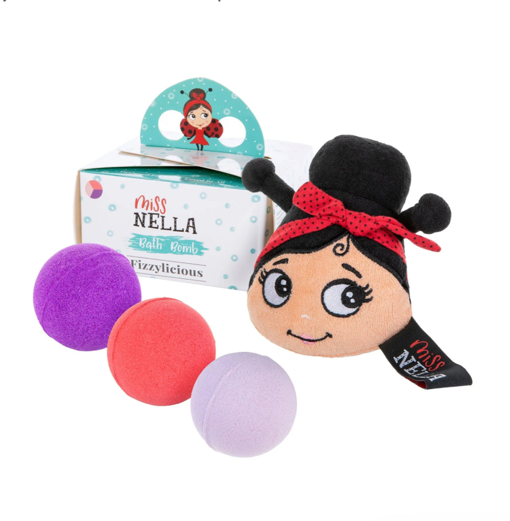 Miss Nella bath bomb set featuring colorful fizzing balls and a playful character for kids' bath time fun.