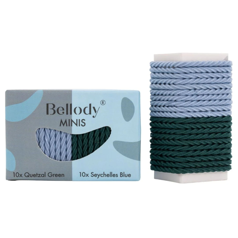 Bellody® Minis haarbandjes in Quetzal Green en Seychelles Blue, ideaal voor stijlvolle haarstijlen en vlechten.