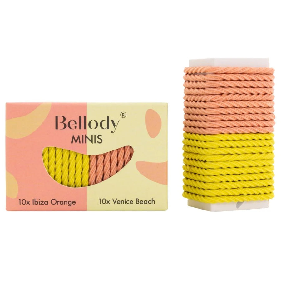 Bellody® Minis haarbandjes in Ibiza Orange en Venice Beach kleurtjes voor stijlvolle haaraccessoires en creatieve kapsels.