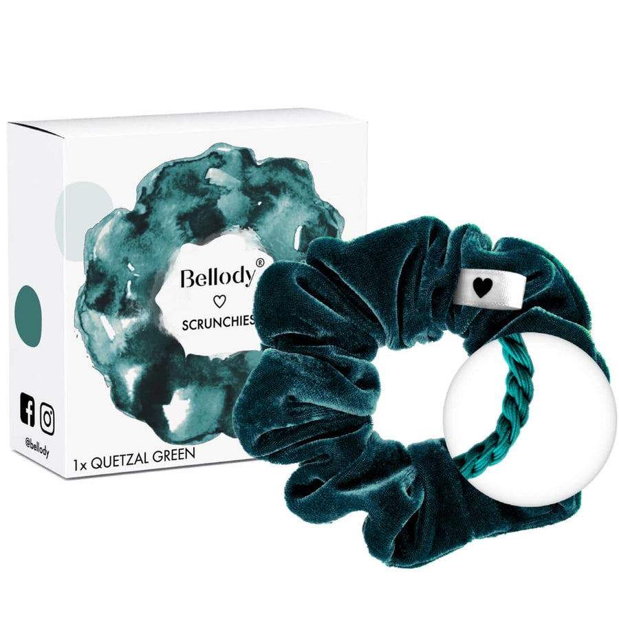 Bellody® scrunchies in Quetzal Green with elegant velvet finish, perfect for all hair types.