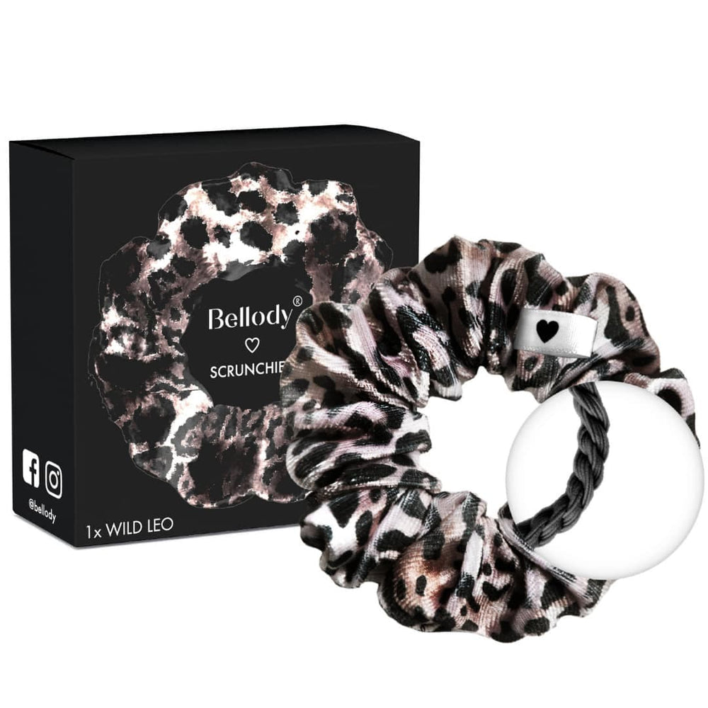 Bellody® Wild Leo scrunchie in box, combining elegance and functionality for all hair types.
