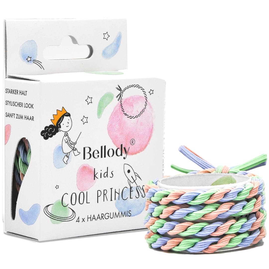 Bellody® Kids Edition haarbandjes in pastelkleuren, verpakking met 4 haargummies voor kinderen en tieners.