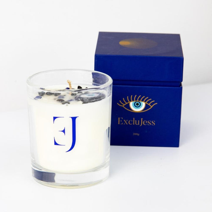 Evil Eye geurkaars in glazen houder met deksel, perfect voor bescherming en een serene geur in huis.