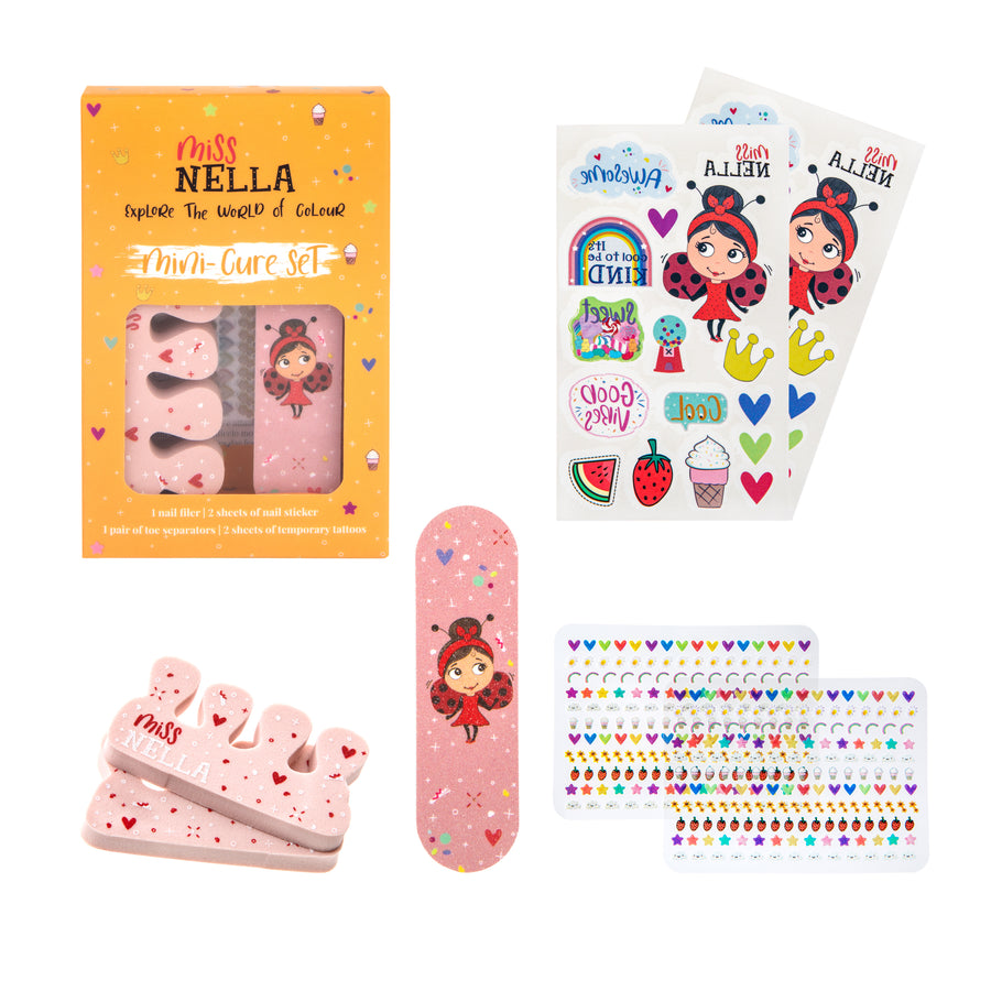 Miss Nella nail and accessory set with stickers, nail file, and separators for creative fun.