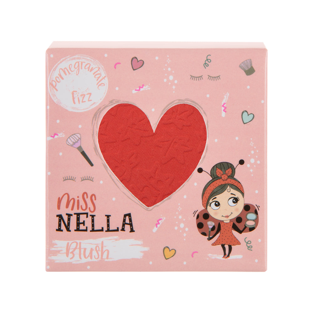 Miss Nella ultrafijne blush in hartvormige verpakking, rode kleur, geschikt voor gevoelige kinderhuiden.