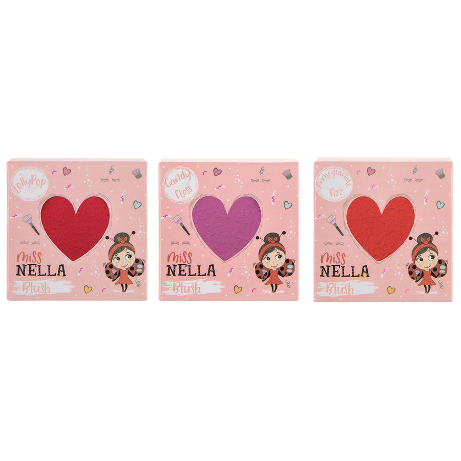 Miss Nella ultrafijne blush collectie in verschillende tinten: Lollypop, Candy Floss en Strawberry Kiss.