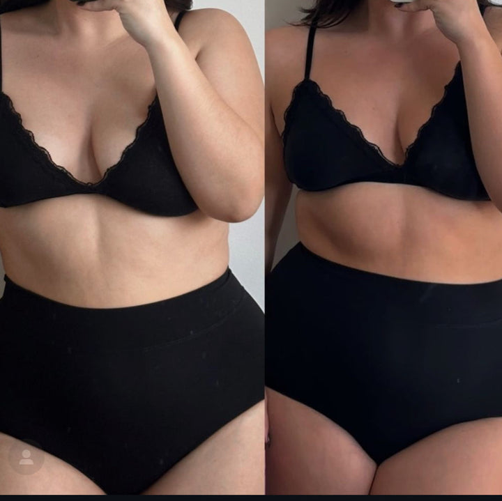 Before-and-after image showcasing the results of a spray tan treatment with a natural finish.