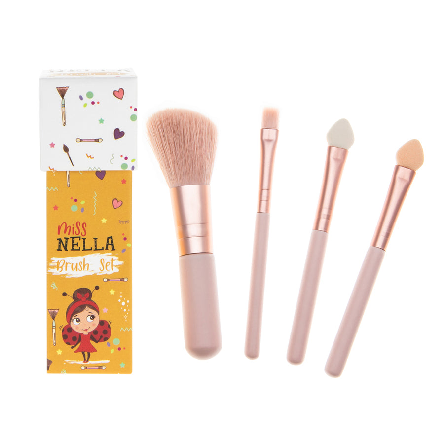 Miss Nella children's makeup brush set with four cute brushes and colorful packaging for creative play.