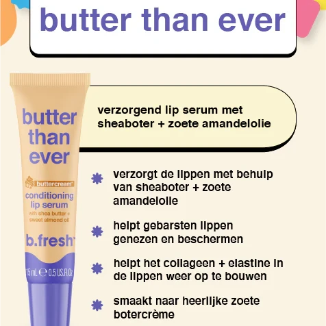 Butter than ever verzorgend lip serum met sheaboter en zoete amandelolie, hydrateert en herstelt lippen.
