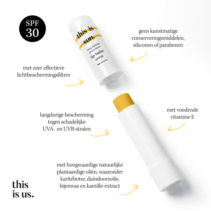 Lippenbalsem SPF30 met natuurlijke ingrediënten, bescherming tegen UVA en UVB-stralen, verrijkt met vitamine E.
