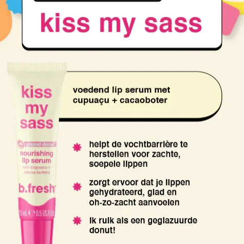 Kiss my sass nourishing lip serum with cupuaçu and cocoa butter for hydrated, smooth lips.
