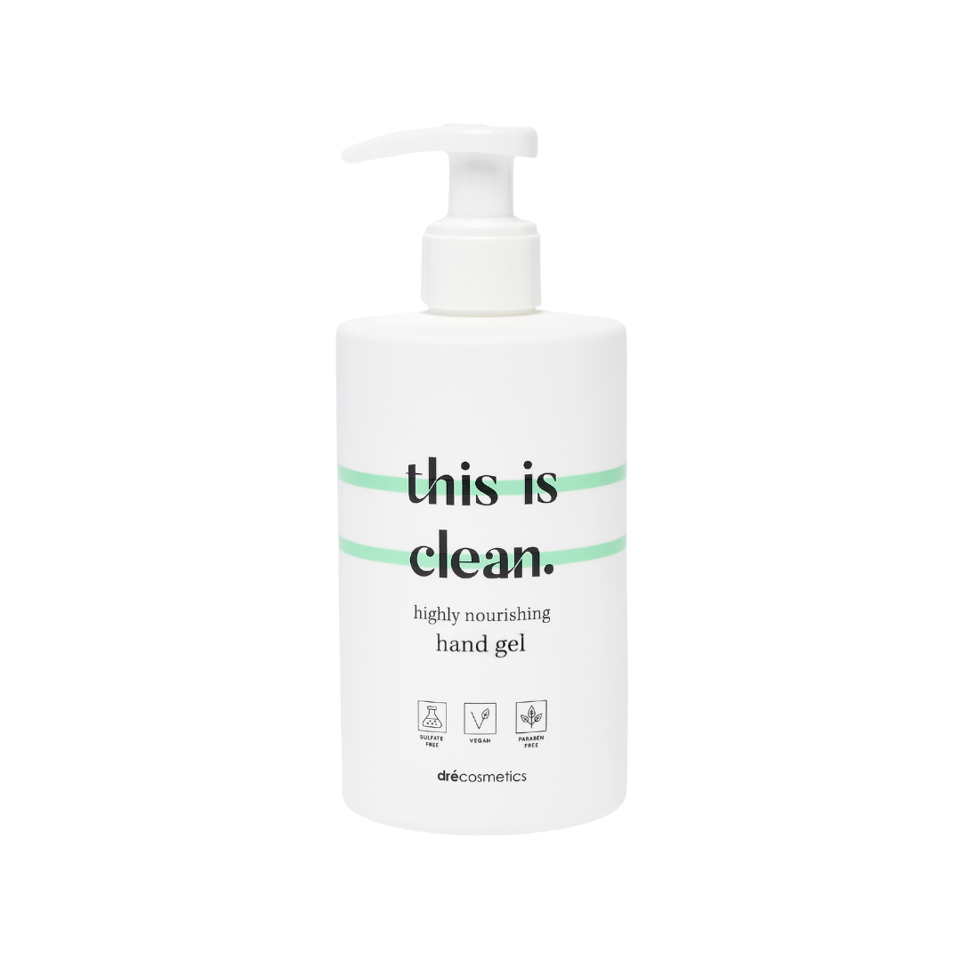 Handgel 'this is clean' in a pump bottle, nourishing and hydrating for healthy hands with natural ingredients.