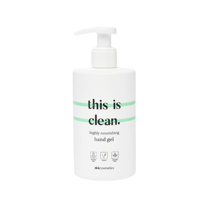 Handgel 'this is clean' in a pump bottle, nourishing and hydrating for healthy hands with natural ingredients.